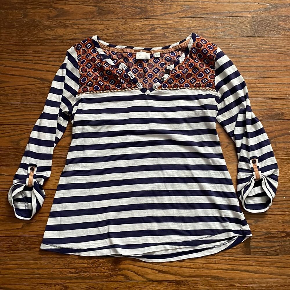 Anthropologie Postage Stamp Blue and White Striped Top